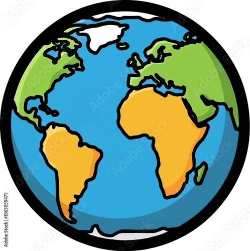Cartoon globe illustration with green landmasses, orange continents (Americas, Africa, Europe), and blue oceans