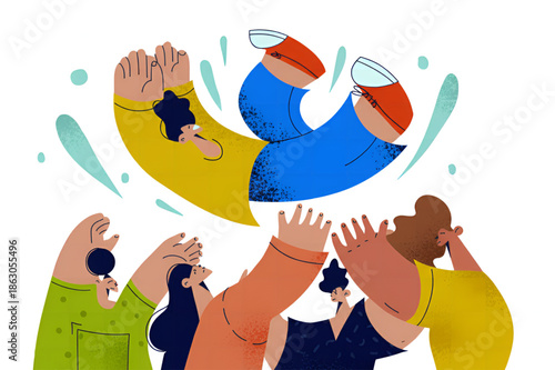 Crowd of people tossing happy man in the air celebration illustration.