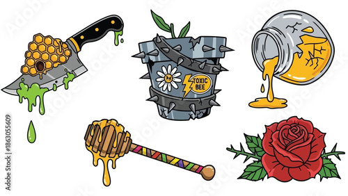 Colorful vector art of toxic bee pot with spikes and daisy, dripping honey knife, honey jar pouring, honey dipper, and red rose with thorns