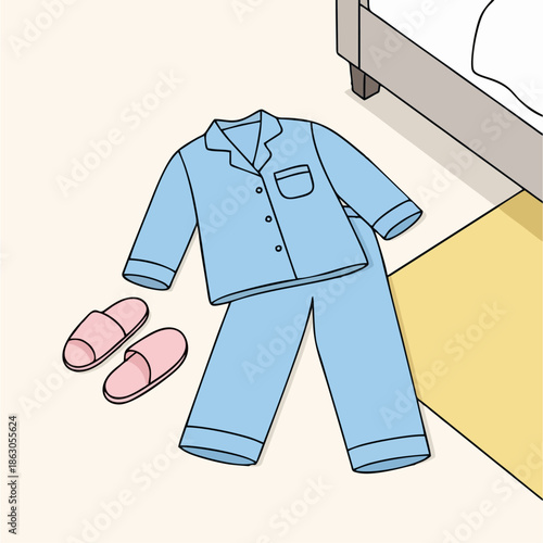 Comfortable light blue pajama set and soft pink slippers illustration, neatly placed on a clean bedroom floor beside a bed, symbolizing relaxation and a cozy domestic scene
