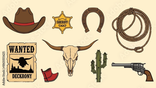 Wild West Cowboy Accessories Collection Vector Illustration.