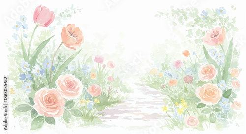 A serene pathway surrounded by lush flowers and greenery viewed from a gentle perspective