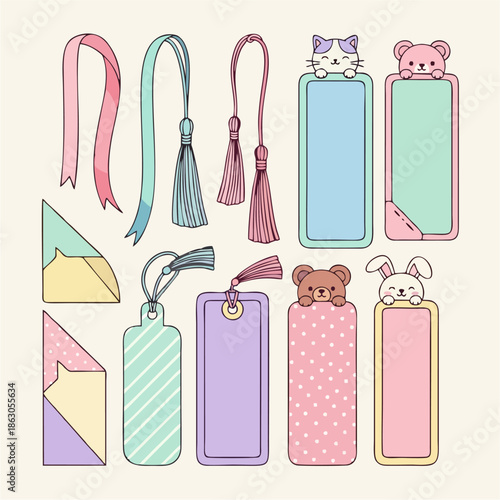 A collection of cute and colorful bookmarks with tassels and character designs, perfect for reading enthusiasts and gift-giving