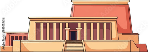 An ancient temple-like building illustration with pillars, a prominent facade, and a wide stairway. Warm colors