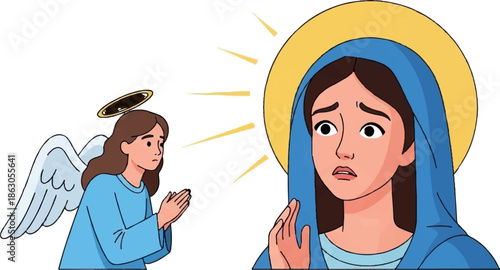 An angelic being with wings and a halo faces a woman with a halo, both showing concern