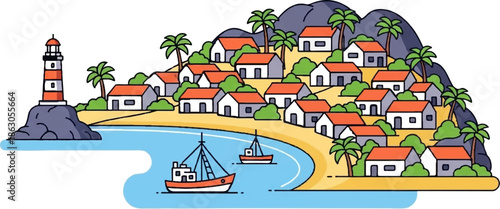 Colorful illustration of a coastal village with a lighthouse, houses, palm trees, and boats by the sea