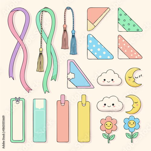 Cute kawaii stationery items and accessories for journaling and scrapbooking, including ribbons, tassels, corner protectors, and planner clips