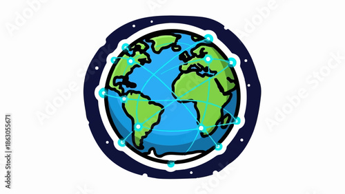 Cartoon globe showing continents connected by a global network, surrounded by a dark blue ring with white dots