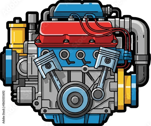 Colorful illustration of a detailed internal combustion engine with pistons