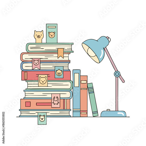 A cozy study corner with a stack of colorful books and a desk lamp, perfect for a reading nook or educational illustration