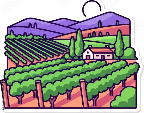 Colorful illustration of a vineyard with rolling hills and a small house under a partial sun