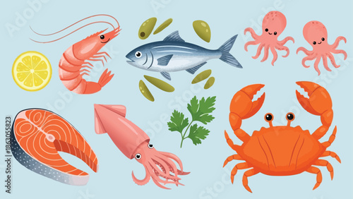 Colorful vector art of various seafood including smiling shrimp, tuna fish, crab, squid, octopus, lemon slice and olives on blue background