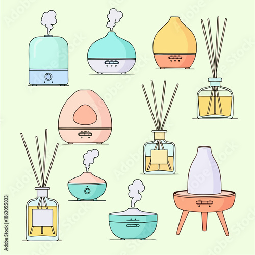 A collection of modern aroma diffusers and essential oil bottles, symbolizing relaxation and home wellness
