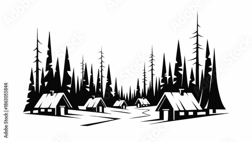 Winter village nestled among tall pine trees in a forest.