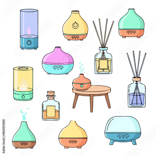 A collection of different home essential oil diffusers and aroma humidifiers with reeds and bottles