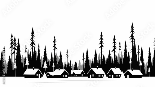 Winter forest village silhouette with snow covered houses and pine trees.