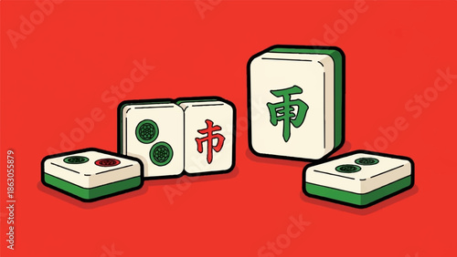 Colorful Mahjong tiles scattered on a vibrant red background