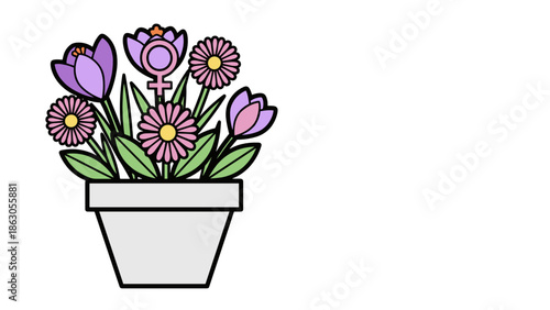 Women's Day Flower Pot with Venus Symbol Accent — Pastel Purple, Pink and Green Vector with Copy Space on Right