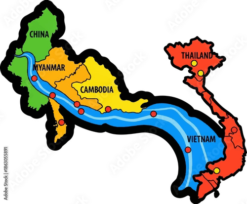 Colorful map showing countries and a river flowing through them