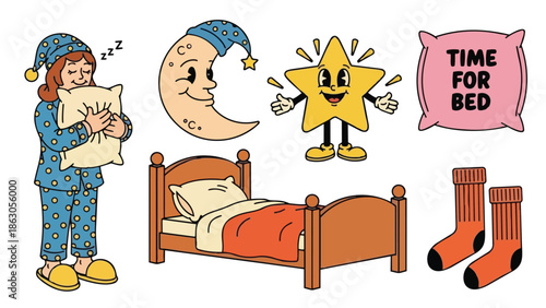 Retro cartoon style happy star and crescent moon with sleeping child hugging pillow and cozy bedtime items illustration