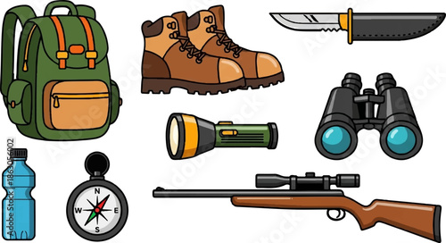 Essential outdoor gear backpack, boots, knife, flashlight, binoculars, rifle, compass, water bottle