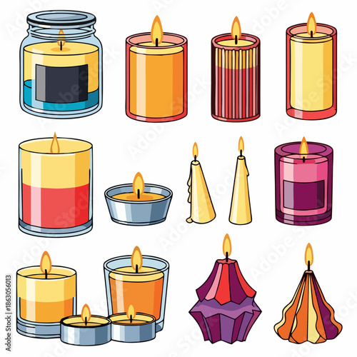 A charming collection of beautifully illustrated candles showcasing a variety of shapes, sizes, and colors, perfect for decorative and aromatic ambiance in cozy settings