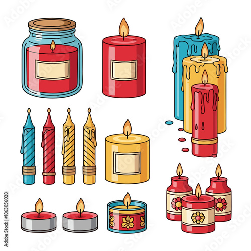 Vibrant Assortment of Lit Candles and Tea Lights, Illustrated Collection of Various Shapes and Sizes, Perfect for Decorative Ambiance, Relaxation, and Celebratory Occasions