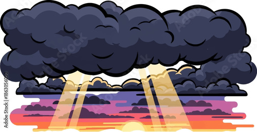 Dark, dramatic clouds pierced by bright, hopeful rays of sunlight