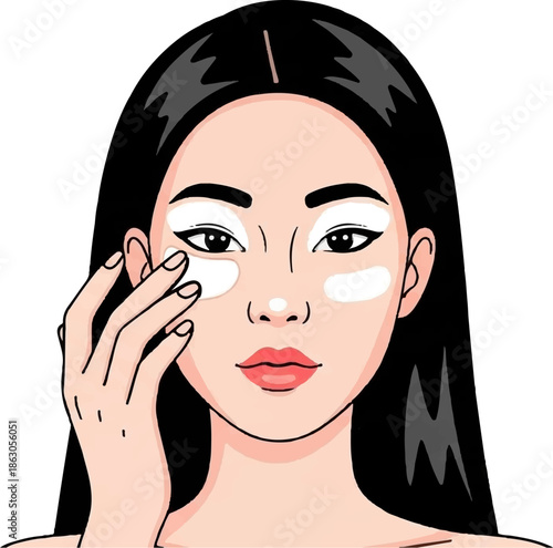 Close-up portrait of a woman applying under-eye cream, her hand gently touching her face