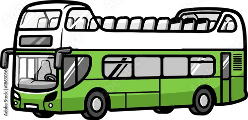 Cartoon green and white double-decker bus with many seats and large windows