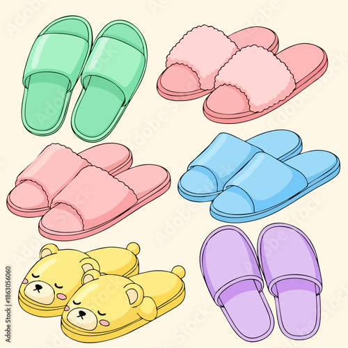 A vibrant and adorable cartoon collection of cozy slippers, showcasing various styles and colors for ultimate comfort and relaxation at home