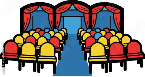 Colorful seats arranged in rows facing a stage with red curtains