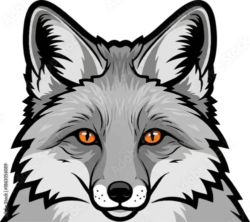 Close-up stylized illustration of a fox face with sharp ears and piercing orange eyes