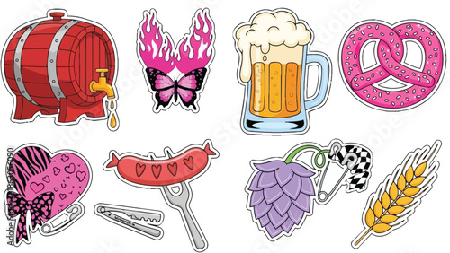 Colorful vector art set with frothy beer mug, red wooden barrel, pink butterfly flames, heart shapes, and snack icons in cartoon style