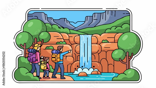 Family hiking to a majestic waterfall, exploring nature's grandeur
