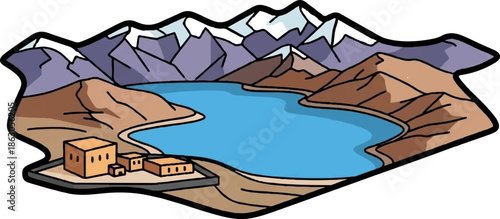 An aerial illustration of a serene blue lake nestled among rugged mountains and hills, with a small village
