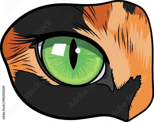 Close-up, vibrant green cat eye with black pupil and fur detail