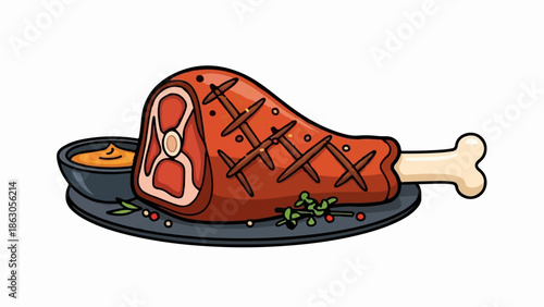 Cartoon grilled meat leg with bone, served on a plate with dipping sauce and green garnish