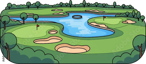An aerial cartoon illustration of a vibrant green golf course with a winding blue water hazard, trees, and sand traps
