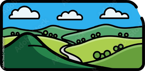 Colorful stylized landscape icon with rolling green hills, a winding path, and clouds under a blue sky