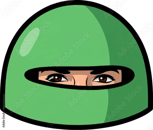 Cartoonish illustration of a person's eyes peering through a smooth green helmet visor