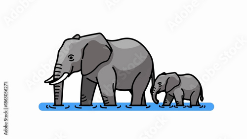 An adult and baby elephant walk side-by-side in shallow blue water on a white background, in a stylized illustration