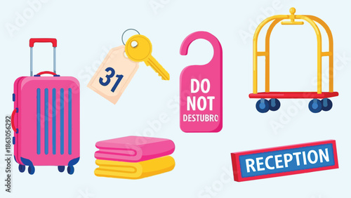 Colorful flat design hotel essentials composition with pink suitcase door hanger and reception sign bright clean vector art