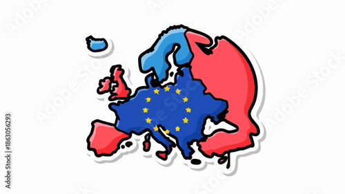Cartoonish map of Europe with EU flag and separate colored regions