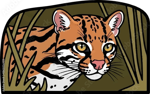 An ocelot peers out from lush green foliage, its patterned fur detailed