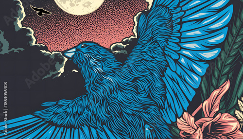 Stylized blue eagle bird flying in night sky colorful illustration.