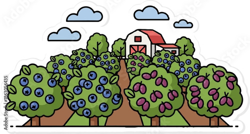 Farm scene with ripe blueberries and plums, a red-roofed barn, and fluffy clouds in a stylized illustration