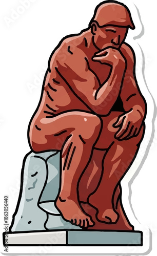 Cartoonish reddish-brown figure seated on a stone block, head resting on hand, deep in thought