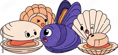 An adorable cartoon illustration of various bivalve mollusks with expressive faces, including mussels and scallops
