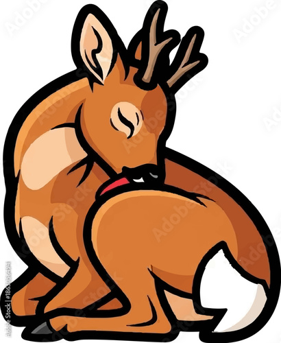 An adorable cartoon deer with antlers licking its back, showcasing a cute and playful moment
